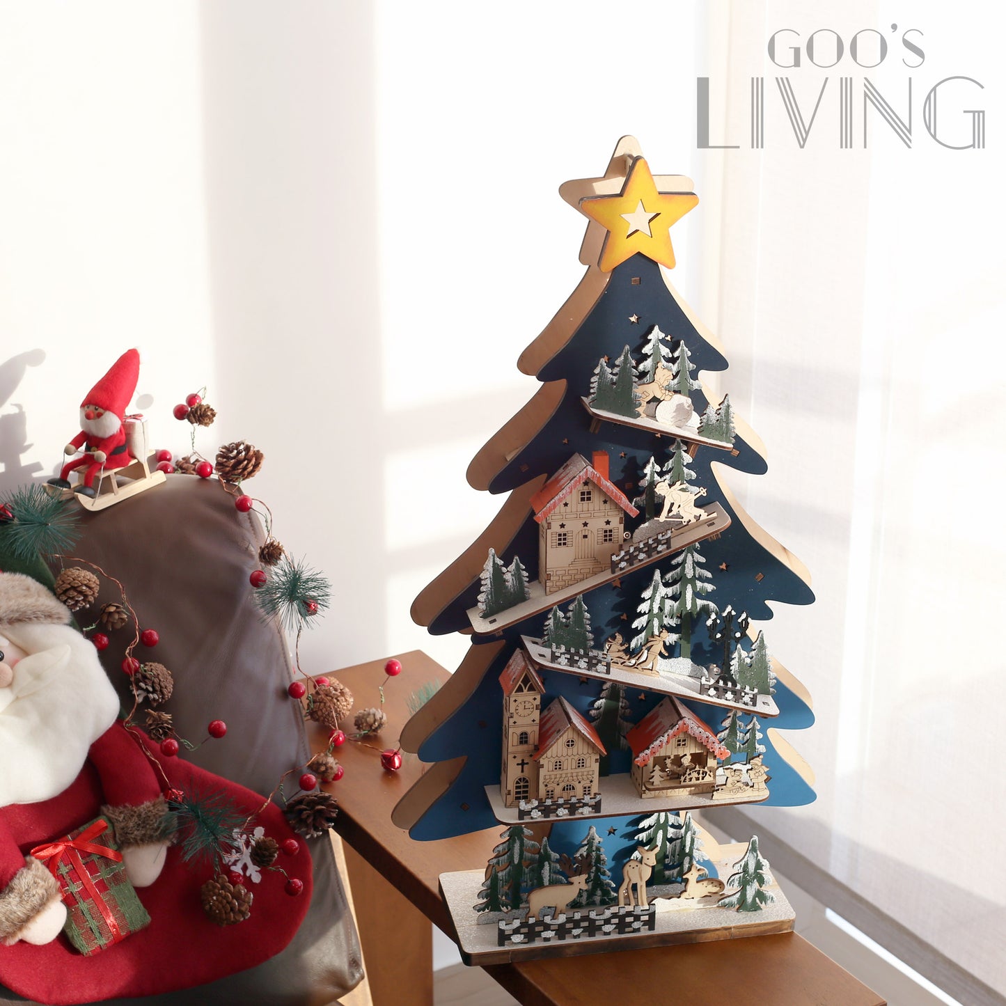 LED亮燈 木製立體聖誕樹