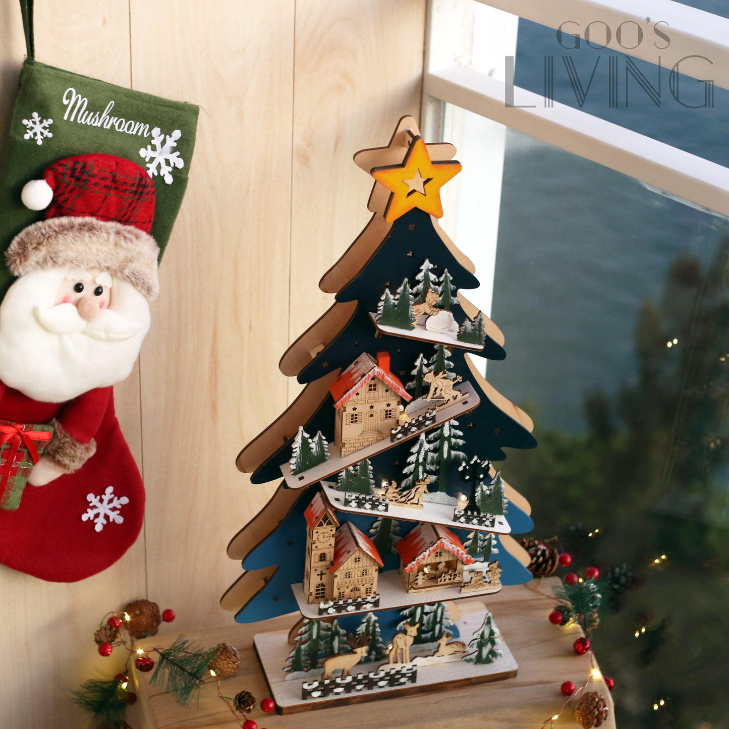 LED亮燈 木製立體聖誕樹