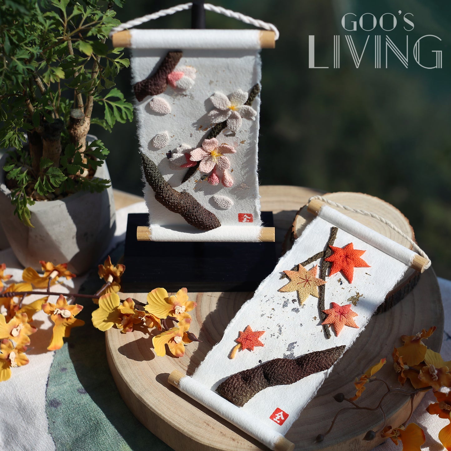 櫻花楓葉 迷你金銀箔掛軸