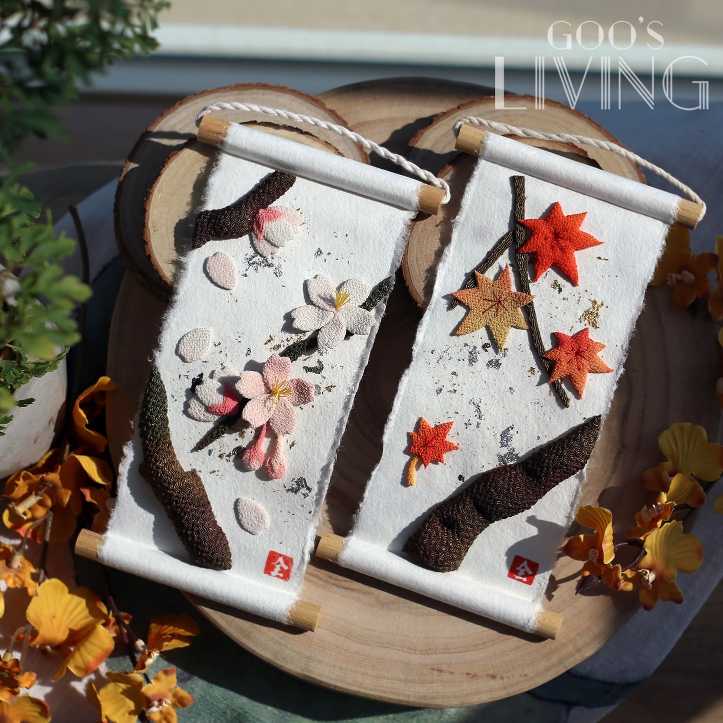 櫻花楓葉 迷你金銀箔掛軸