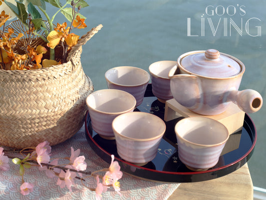 天龍窯 萩燒玻璃釉粉紫茶具套裝